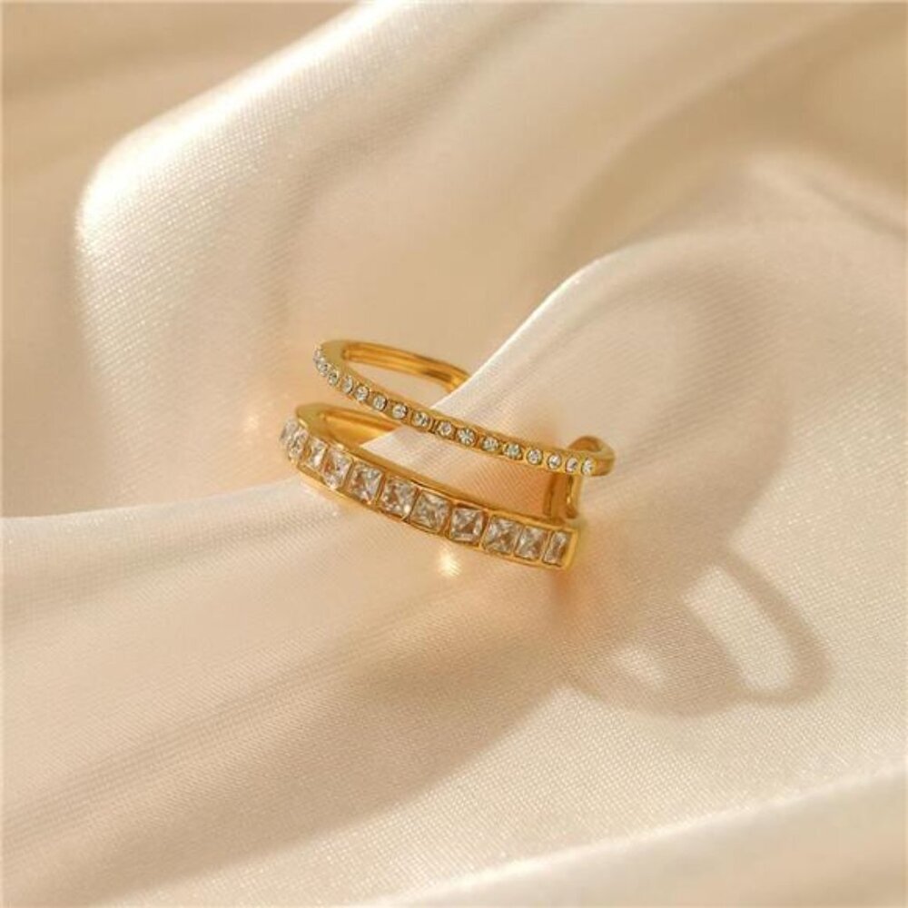 18K Gold-Plated Rhinestone Open Ring - Picture 2 of 6
